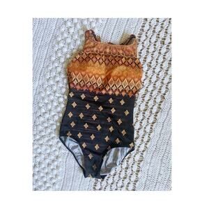 vintage y2k Boho MEDALLION PRINT Ombre SWIMSUIT Sm/Med/8 gold cut out maillot